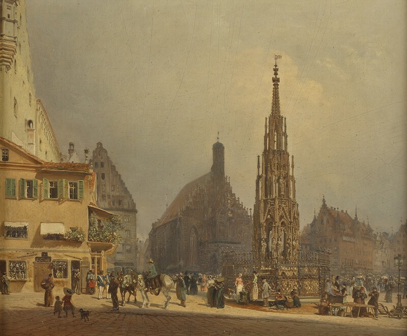 Rudolf von Alt, Der schöne Brunnen vor der Frauenkirche in Nürnberg, 1854 (Bild: Belvedere Wien, Foto: Johannes Stoll)