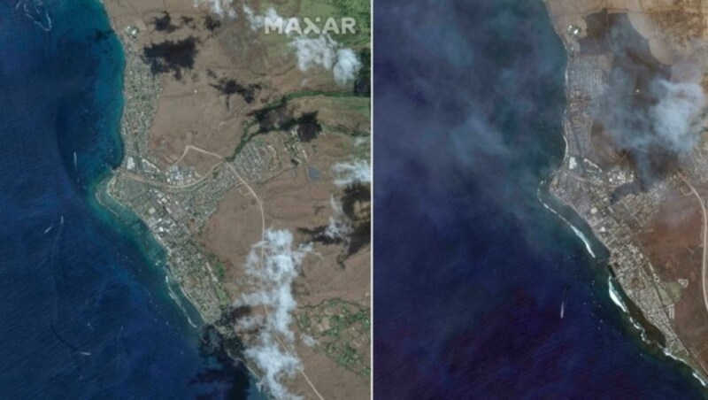 Heftige Sturmböen ließen die Bekämpfung der Flammen aus der Luft am Dienstag zunächst nicht zu. (Bild: Satellite image ©2023 Maxar Technologies)