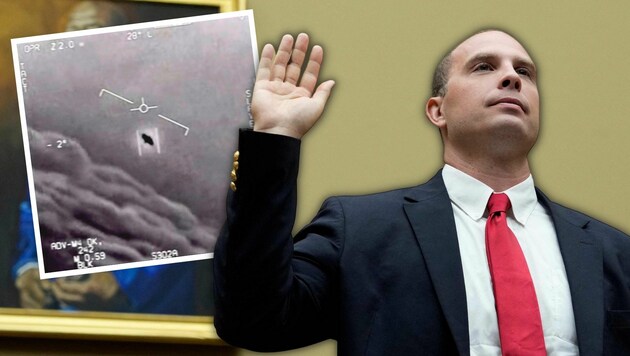 David Grusch trug unter Eid wilde Theorien vor, die ein Bild des Kampfpiloten David Fravor vom „UFO aus einer anderen Welt“ stützen soll. (Bild: AFP/getty, EPA/Jim Lo Scalzo)