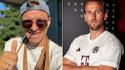 Thomas Müller (links) verkündete den Transfer von Harry Kane - vor dem FC Bayern - mit einem Nuss-Witz. (Bild: Instagram.com/esmuellert, instagram.com/fcbayern)