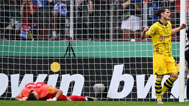Marcel Sabitzer jubelt über sein erstes Tor für Borussia Dortmund. (Bild: APA/AFP/Kirill KUDRYAVTSEV)