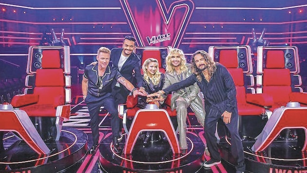 Ab 21. September startet die neue Staffel von The Voice of Germany. V.li: Ronan Keating, Giovanni Zarrella, Shirin David, Bill und Tom Kaulitz. (Bild: ProSieben/SAT.1/André Kowalsk)