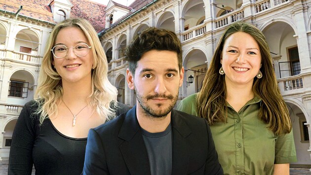Politischer Nachwuchs (von links): Helene Paar (NEOS), Georg Schwarzl (Grüne) und Antonia Herunter (ÖVP) (Bild: Christian Jauschowetz, Junos, JVP, Krone KREATIV)