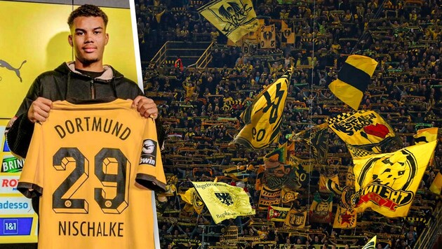 Fanliebling mit Supername: Jermain Nischalke (Bild: Instagram/BVB, APA/AFP/Odd ANDERSEN ,Krone KREATIV)