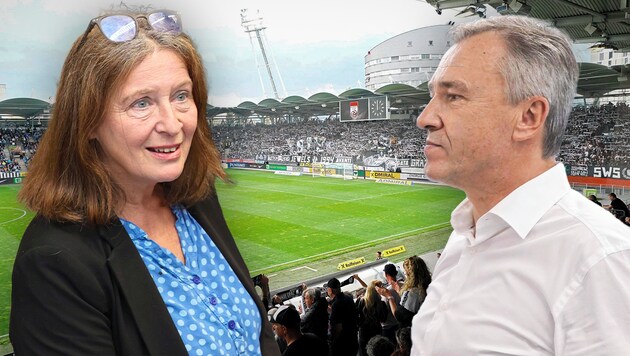 Wem gehört in Zukunft das Stadion in Graz-Liebenau? Derzeit ist noch die Stadt Graz mit Bürgermeisterin Elke Kahr Hausherrin, nun äußert aber Sturm-Präsident Christian Jauk Kaufinteresse. (Bild: Christian Jauschowetz, Sepp Pail, Krone KREATIV)