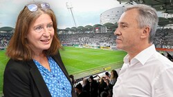 Wem gehört in Zukunft das Stadion in Graz-Liebenau? Derzeit ist noch die Stadt Graz mit Bürgermeisterin Elke Kahr Hausherrin, nun äußert aber Sturm-Präsident Christian Jauk Kaufinteresse. (Bild: Christian Jauschowetz, Sepp Pail, Krone KREATIV)