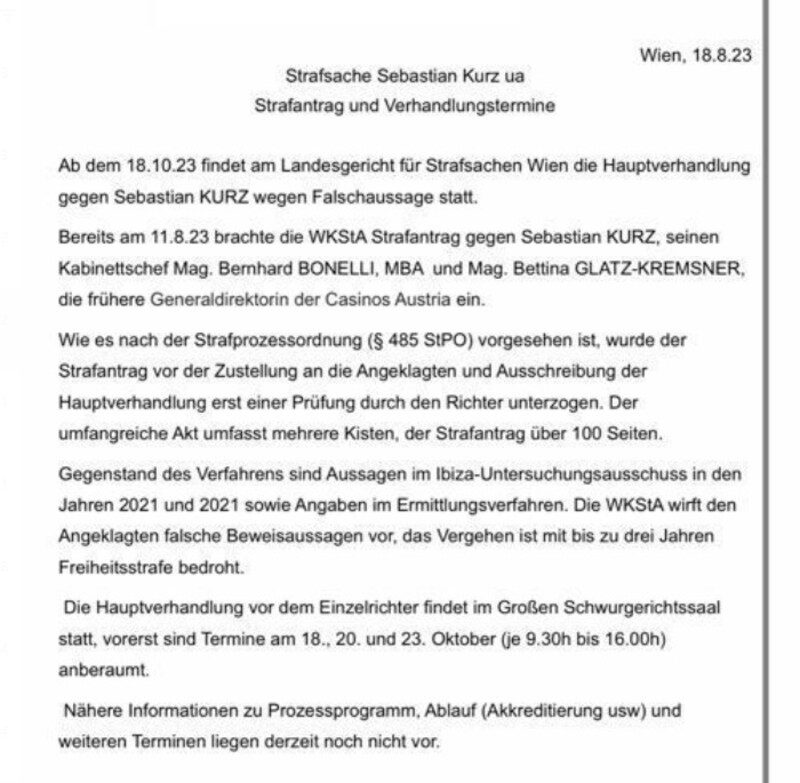 Anklage gegen Sebastian Kurz: Die Mitteilung des Landesgerichts für Strafsachen (Bild: zVg)