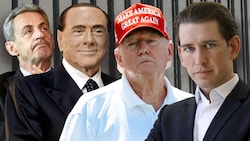 Sarkozy, Berlusconi und Donald Trump: Auch die Mächtigsten landen vor dem Richter. (Bild: APA/AFP/Sebastien Bozon, picturedesk, Krone KREATIV)