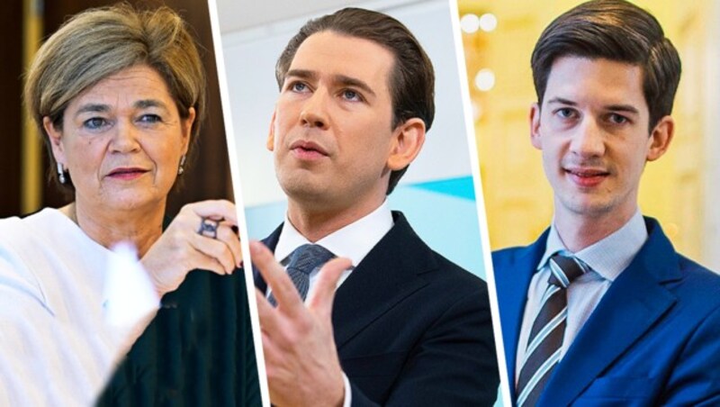 Ex-Casinos-Managerin Bettina Glatz-Kremsner, Ex-Kanzler Sebastian Kurz und Ex-Kabinettschef Bernhard Bonelli müssen vor Gericht. (Bild: APA/HANS PUNZ, Arno Melicharek, AP, Krone KREATIV)