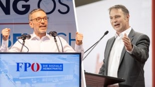 1. Mai: VIzekanzler und SPÖ-Parteichef Andreas Babler (re.) hält heute eine Rede am Wiener Rathausplatz, FPÖ-Chef Herbert Kickl versammelt sich mit blauen Sympathisanten indes in Linz. (Bild: Krone KREATIV, APA/TOBIAS STEINMAURER, APA/EXPA/DOMINIK ANGERER)