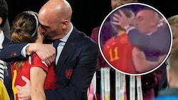 Spanischen Verbands-Präsidenten Luis Rubiales küsste sich durch die Siegerehrung (Bild: AP, twitter, krone.at-grafik)