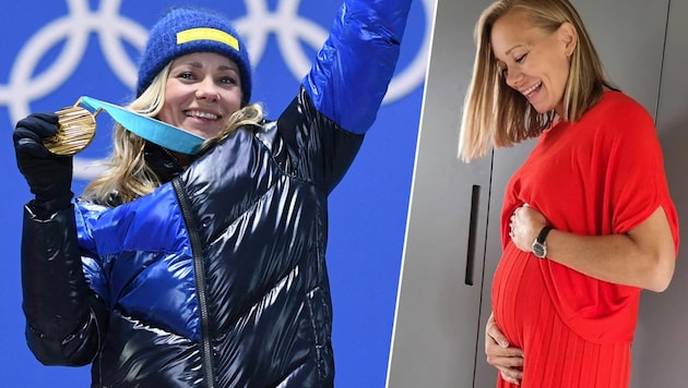 Ex-Ski-Star Frida Hansdotter (links im Bild mit ihrer Goldmedaille bei den Olympischen Spielen 2018 in Pyeongchang) ist zum zweiten Mal schwanger. (Bild: APA/AFP/Martin BERNETTI, instagram.com/hansdotterfrida, krone.at-kreativ)