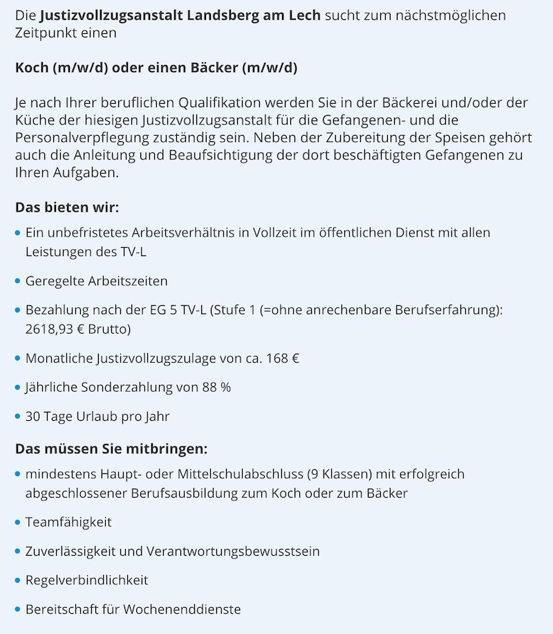 Diese Stellenausschreibung veröffentlichte die Justiz Bayern neulich im Internet. (Bild: https://www.justiz.bayern.de/justizvollzug/bewerber/aktuelle-stellenangebote)