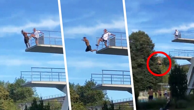 Die Videoausschnitte zeigten exakt den empörenden Vorfall am Sprungturm im Steyrer Stadtbad. (Bild: Screenshot facebook.com, Krone KREATIV)