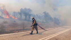 Ein griechischer Feuerwehrmann zieht einen Wasserschlauch, um ein Feuer in der Nähe des Dorfes Kirkis in der Nähe der Stadt Alexandroupolis in der nordöstlichen Region Evros zu löschen. (Bild: The Associated Press)