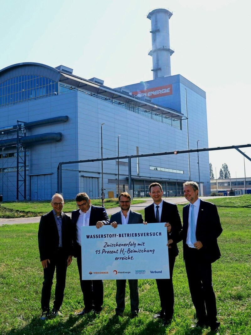 Bernd Vogl (Klimafonds), Robert Koubek (Verbund Thermal Power), Andreas Feicht (RheinEnergie), Karl Gruber (Wien Energie) und Aleš Prešern (Siemens Energy Austria) (Bild: Tomschi Peter)