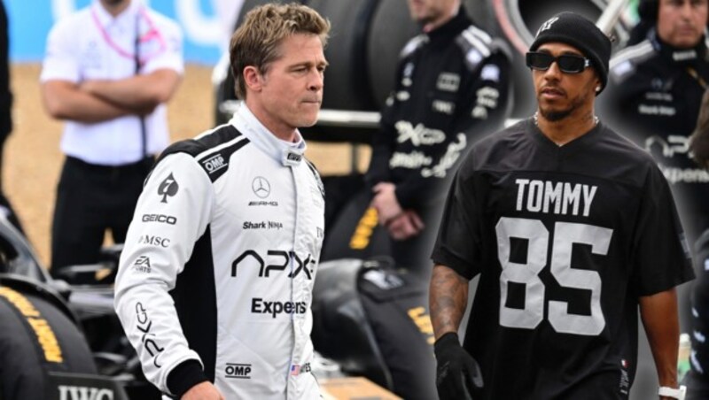 Brad Pitt und Lewis Hamilton bei den Dreharbeiten (Bild: Christian Bruna/Pool photo via AP, APA/AFP/Simon Wohlfahrt)