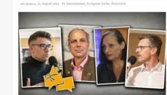 So kündigte das Portal info-direkt.eu die Veranstaltung mit den vier Teilnehmern am Podium an: Sellner, Hübner, Pervulesko und Aigner (v. l.). (Bild: Screenshot info-direkt)