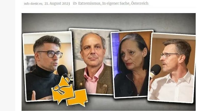 So kündigte das Portal info-direkt.eu die Veranstaltung mit den vier Teilnehmern am Podium an: Sellner, Hübner, Pervulesko und Aigner (v. l.). (Bild: Screenshot info-direkt)