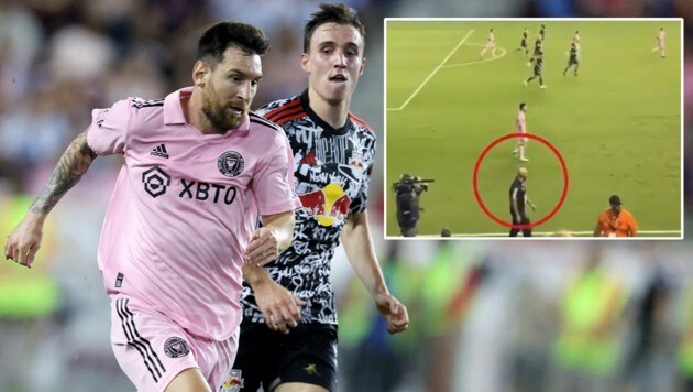 Lionel Messi wird auch während dem Spiel von seinem Leibwächter Yassine Chueko beschützt. (Bild: APA/Getty Images via AFP/GETTY IMAGES/AL BELLO, twitter.com/TheMisterSB21, krone.at-kreativ)