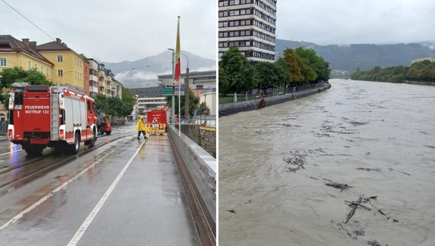 Auch an der Unibrücke steht die Feuerwehr im Einsatz. Sandsäcke wurden platziert. (Bild: Manuel Schwaiger)