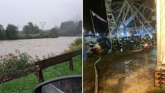 Starkregen ließ die Flusspegel ansteigen. Das Bleiburger Wiesenmarkt-Gelände musste evakuiert werden. (Bild: FF Baldramsdorf/FF Bleiburg)