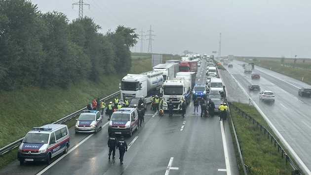 Klimakleber blockierten gestern die Westautobahn bei St. Pölten. (Bild: Petra Weichhart)