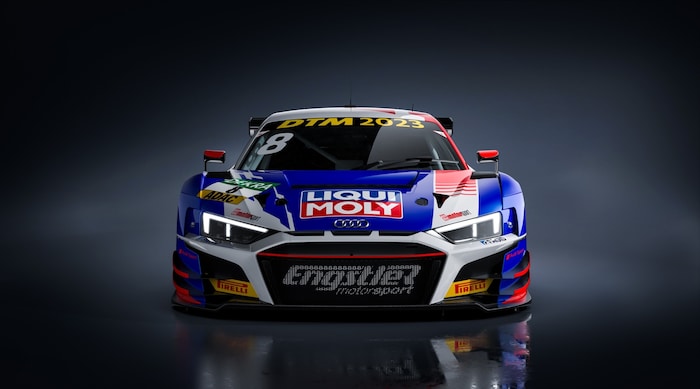 Der Audi R8 LMS des LIQUI MOLY DTM Team Engstler zeichnet sich durch sein ikonisches blau-rotes ...