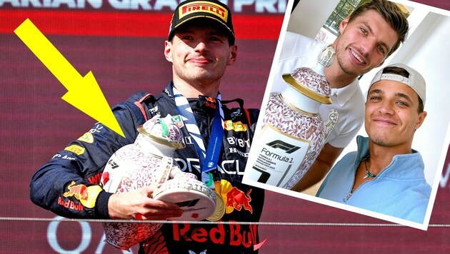 Max Verstappen und Pokal-Schreck Lando Norris (Bild: Twitter.com/Formula 1; Twitter.com/Max33Verstappen)