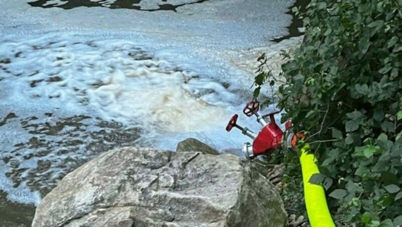 Feuerwehrleute halfen unermüdlich, um die Güllewelle vor der Großen Tulln zu stoppen. Mittels Wasserverdünnung gelang das zum Glück auch! (Bild: Gerhard Lahofer)