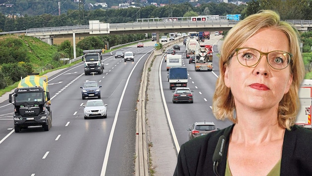 Leonore Gewessler is against the expansion of the A9 in the south of Graz. (Bild: Christian Jauschowetz, SepaMedia/Michael Indra ,Krone KREATIV)