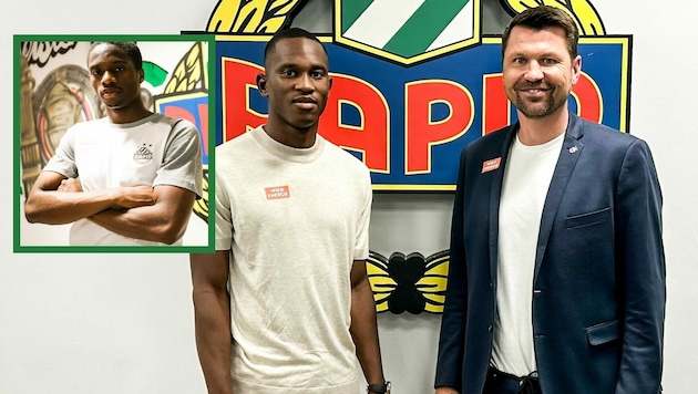 Terence Kongolo (kleines Bild), Neraysho Kasanwirjo und Rapid-Sport-Geschäftsführer Markus Katzer (Bild: SK Rapid)