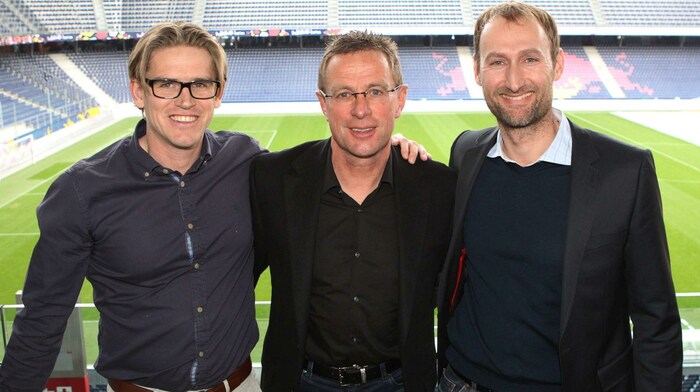 Christoph Freund, Ralf Rangnick und Jochen Sauer (v. li.)
