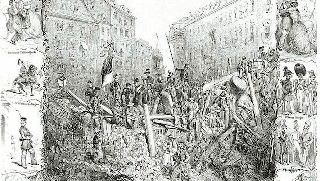 Illustration von Barrikadenkämpfen 1848 in Wien, drei Tage später kam die Revolution in der Provinz an. (Bild: Roland Bäck)