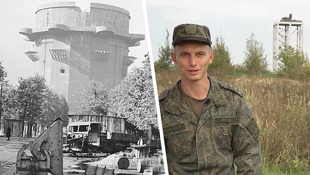 Links ist ein Flakturm aus dem Zweiten Weltkrieg zu sehen und rechts die heutige „russische Version“ davon. (Bild: ÖNB, Rossiya 1, Krone KREATIV)