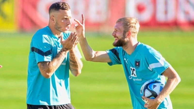 Spaß bei Arnautovic (l.) und Laimer (Bild: GEPA pictures)