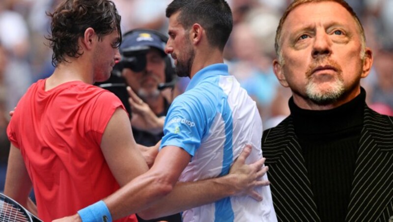 Boris Becker (re.) kommentierte das US-Open-Match zwischen Taylor Fritz (li.) und Novak Djokovic. (Bild: APA/Getty Images via AFP/GETTY IMAGES/CLIVE BRUNSKILL, APA/AFP/John MACDOUGALL)