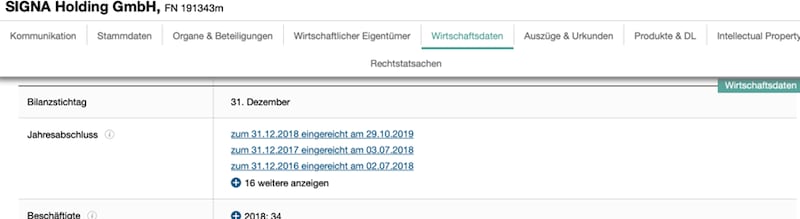 Firmenbuchauszug der Signa Holding: Seit 2019 keine Bilanz eingereicht (Quelle: Wirtschaftscompass, 6.9.) (Bild: Screenshot)