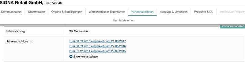 Firmenbuchauszug der Signa Retail: Seit Juni 2017 keine Bilanz eingereicht (Quelle: Wirtschaftscompass, 6.9.) (Bild: Screenshot)