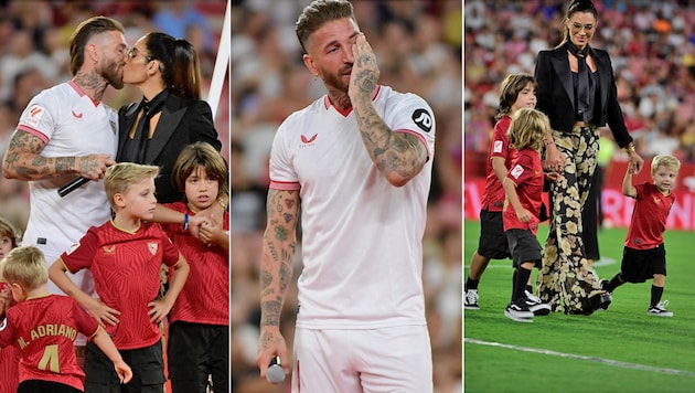 Sergio Ramos, seine Frau und seine Kinder - alle waren bei der Präsentation bei Sevilla dabei. (Bild: APA/AFP/CRISTINA QUICLER)