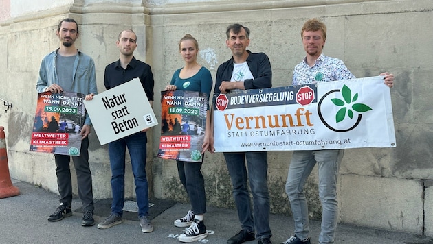 Kämpfen um mehr Klimaschutz: Christian Oberbauer, Simon Pories, Flora Peham und Christoph Watz - das nächste Mal am 15. September beim Klimastreik in St. Pölten. (Bild: Petra Weichhart)