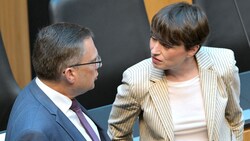 Grünen-Klubchefin Sigi Maurer mit ÖVP-Klubchef August Wöginger im Parlament (Bild: APA/ROLAND SCHLAGER)