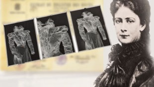 Kaiserin Elisabeth von Österreich wurde am 10. September 1898 in Genf ermordet. In jenem Kleid, das sie zum Zeitpunkt der Ermordung trug, sieht man deutlich im Stoff die Einstichstelle. (Bild: Dorotheum, Krone KREATIV)
