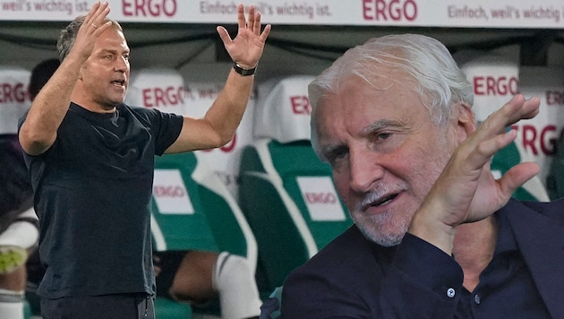 Hansi Flick (links) verstand nach dem 1:4 gegen Japan die Fußballwelt nicht mehr. Rudi Völler auch nicht. (Bild: APA/AFP/Ronny HARTMANN)