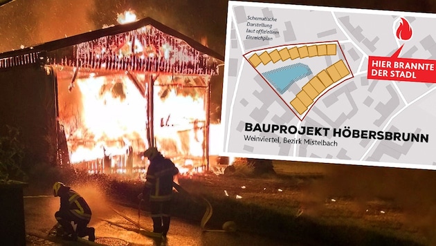 Der Plan zeigt die Ausmaße des geplanten Wohnprojektes mit 16 Wohneinheiten - das Feuer brach in der Nähe aus. (Bild: zVg OpenStreetMap, Krone KREATIV)