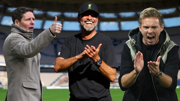 Oliver Glasner, Jürgen Klopp und Julian Nagelsmann (v.l.n.r.) stehen als DFB-Bundestrainer im Raum. (Bild: APA/dpa/Arne Dedert, AP Photo/Jon Super, AFP/CHRISTOF STACHE. Photoshop)