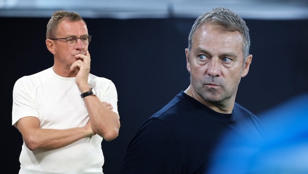 Ralf Rangnick (l.) hat sich zum freien Bundestrainer-Posten geäußert. (Bild: APA/AFP/Ronny Hartmann. Gepa, Photoshop)