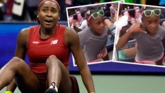 Coco Gauff als achtjährige Hobby-Tänzerin (kleine Bilder rechts) auf den Rängen des US-Open-Stadions und als Seigerin 2023 (links) (Bild: AP/Getty Images, Twitter.com/US Open)