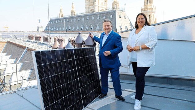 Bürgermeister Michael Ludwig und Vize Kathrin Gaál (SPÖ) besichtigen Module am Dach. (Bild: Groh Klemens)