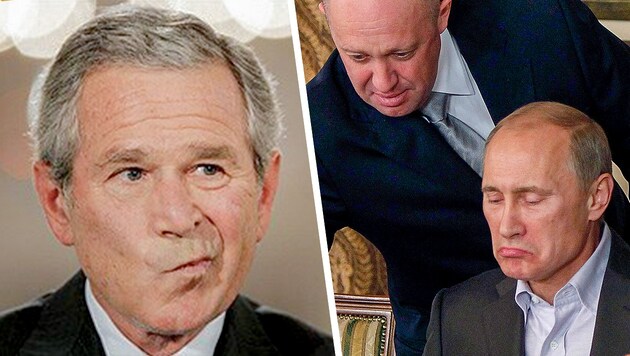 Auch Ex-Präsident George Bush (links) kam einmal in den Genuss von Jewgeni Prigoschins Kochkünsten. (Bild: AP, Krone KREATIV)